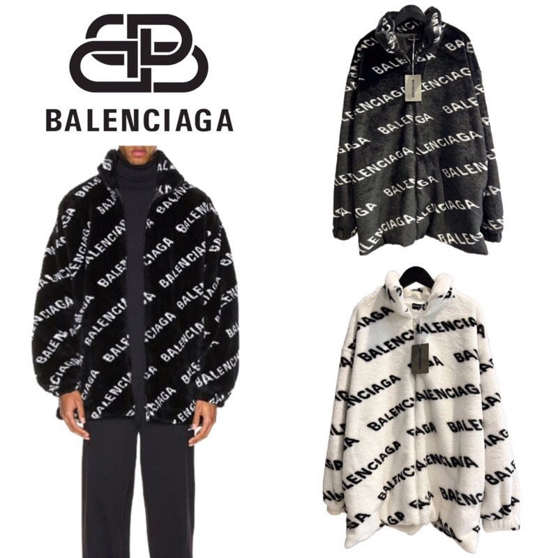 เสื้อแจ็คเก็ตฮู้ดดี้ Balenciaga Logo Faux Fur Jacket