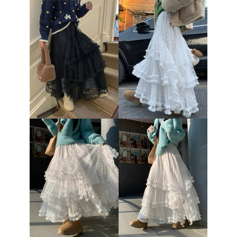 KIMKIM พร้อมส่งในไทย กระโปรงยาว ผ้ามุ้งเกาหลี ระบายชั้นๆเฉียง มีพื้นกับดอก มีซับ เอวสม็อก​26-36″สะโพก46″  ยาว34″ ราคา ถูกที่สุด ดีลบีเคเค แกลเลอรีภาพที่ 2