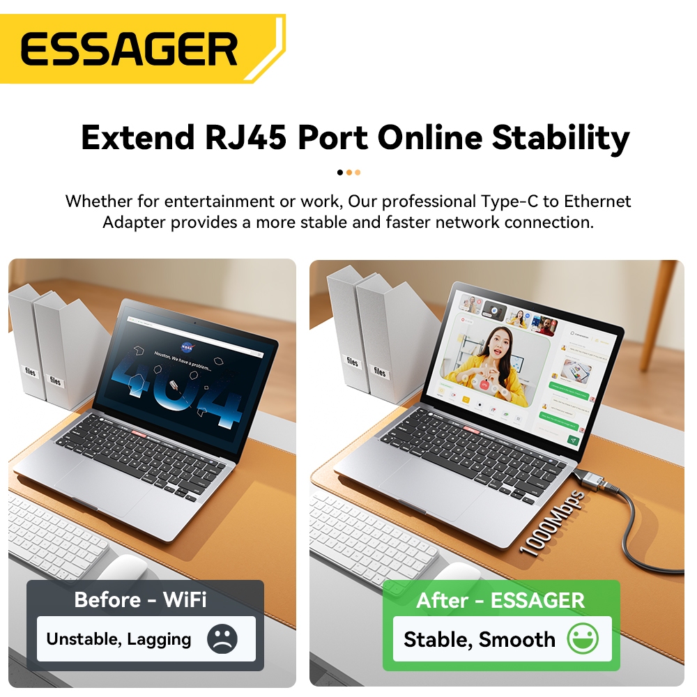 Essager 1000M RJ45 to Type-c อะแดปเตอร์พอร์ตเครือข่าย รองรับหลายระบบ