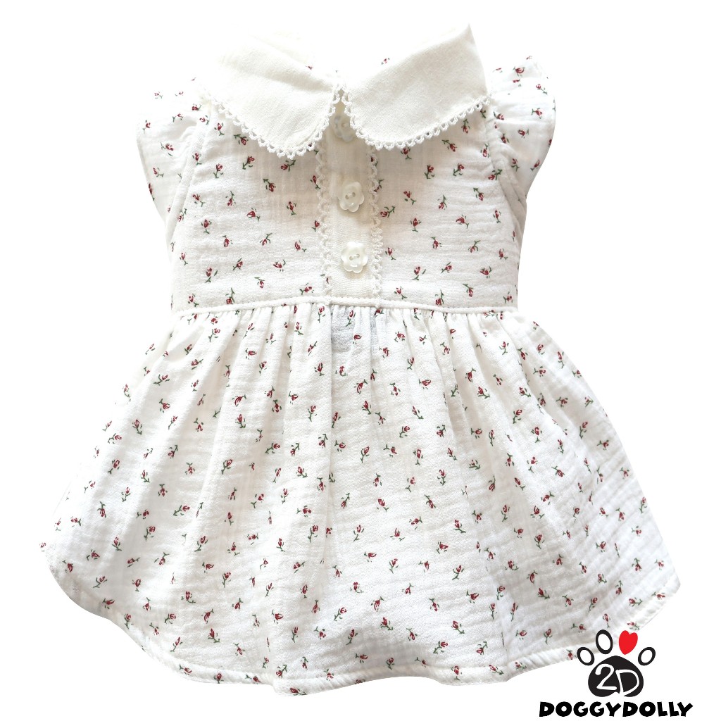 Pet clothes -Doggydolly  เสื้อผ้าแฟชั่น น้องหมาน้องแมว ชุดกระโปรง คอปก แขนกุด ขาวครีม  ขนาดไซส์ 1-9โล D810