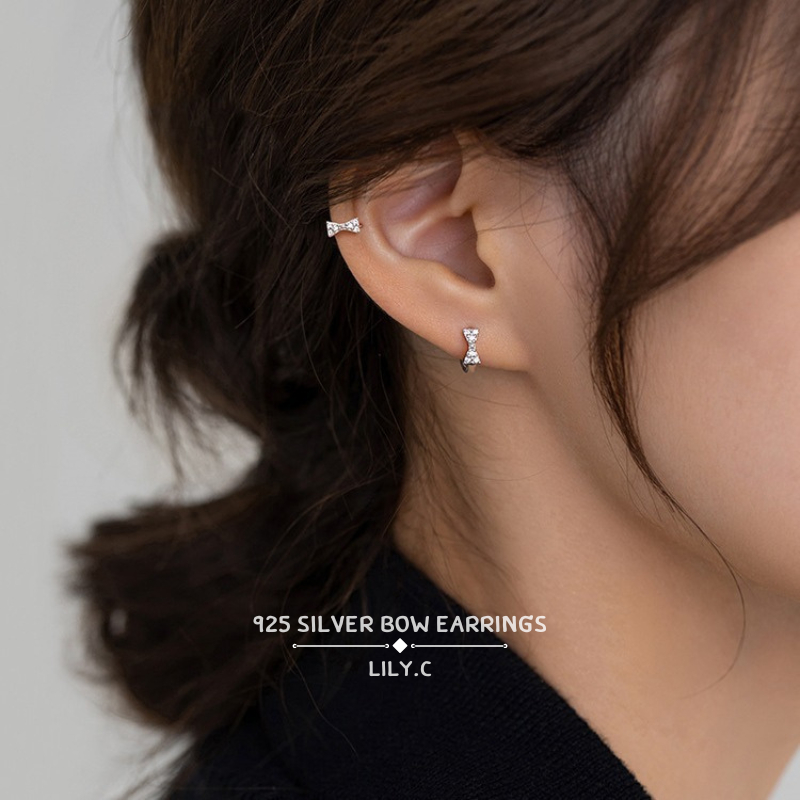 ✅พร้อมส่ง  LILY.C ต่างหูห่วงเงิน S925 รูปโบว์น่ารัก(1คู่) ต่างหูสไตล์มินิมอล 925 sterling silver  bow earrings