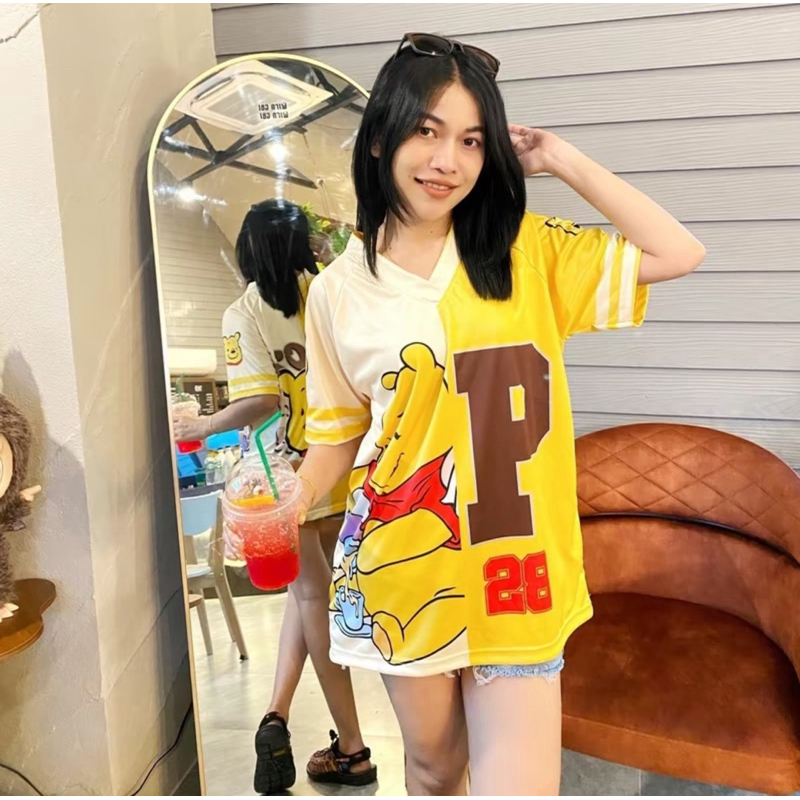 ( N53 ) เสื้อผ้ากีฬา คอวีไขว้ ทูโทนลายการ์ตูน น่ารัก L-3XL 4สี