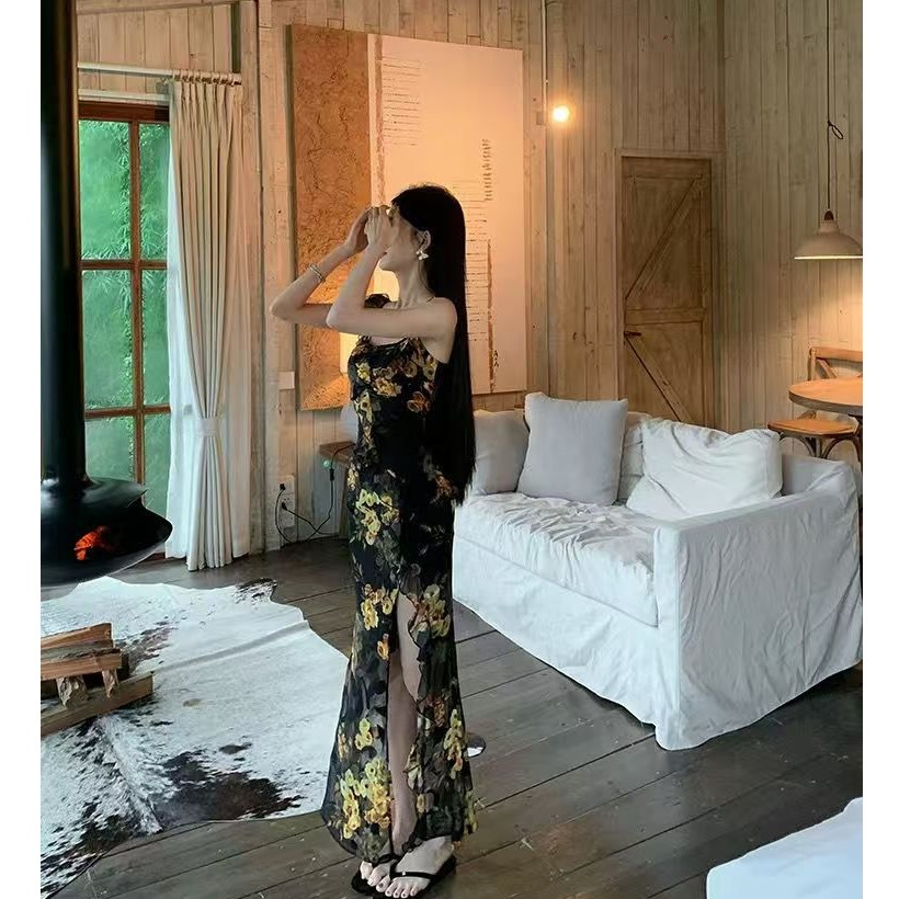 เดรสยาวสายเดี่ยว สีดำ ผ้าตาข่ายมีซับใน ลายดอกไม้ แต่งระบายที่คอและลำตัว ผ่าหน้าข้างซ้าย Dress  #3036 ราคา ถูกที่สุด ดีลบีเคเค แกลเลอรีภาพที่ 3