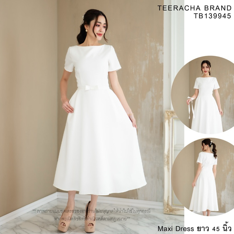 TeerachaBrand TB139945เดรสคอปาด เข็มขัดโบว์ถอดออกได้ยาว45นิ้ว ชุดเดรสผู้หญิง สีขาว มีกระเป๋าข้าง ทรงสุภาพยาวคลุมเข่า