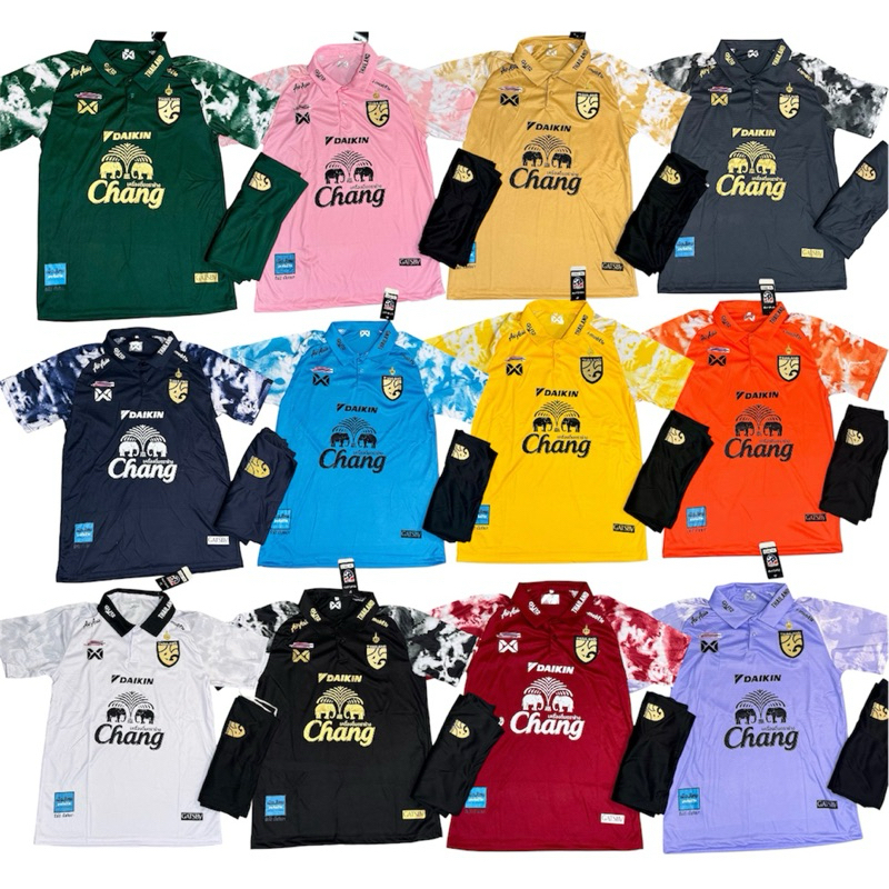ชุดกีฬาคนโตเสื้อกับกางเกงปักโลโก้ทีมชาติไทยผ้าโพลีเอสเตอร์สีสดใสส่วมใส่สบายระบายอากาศได้ดี