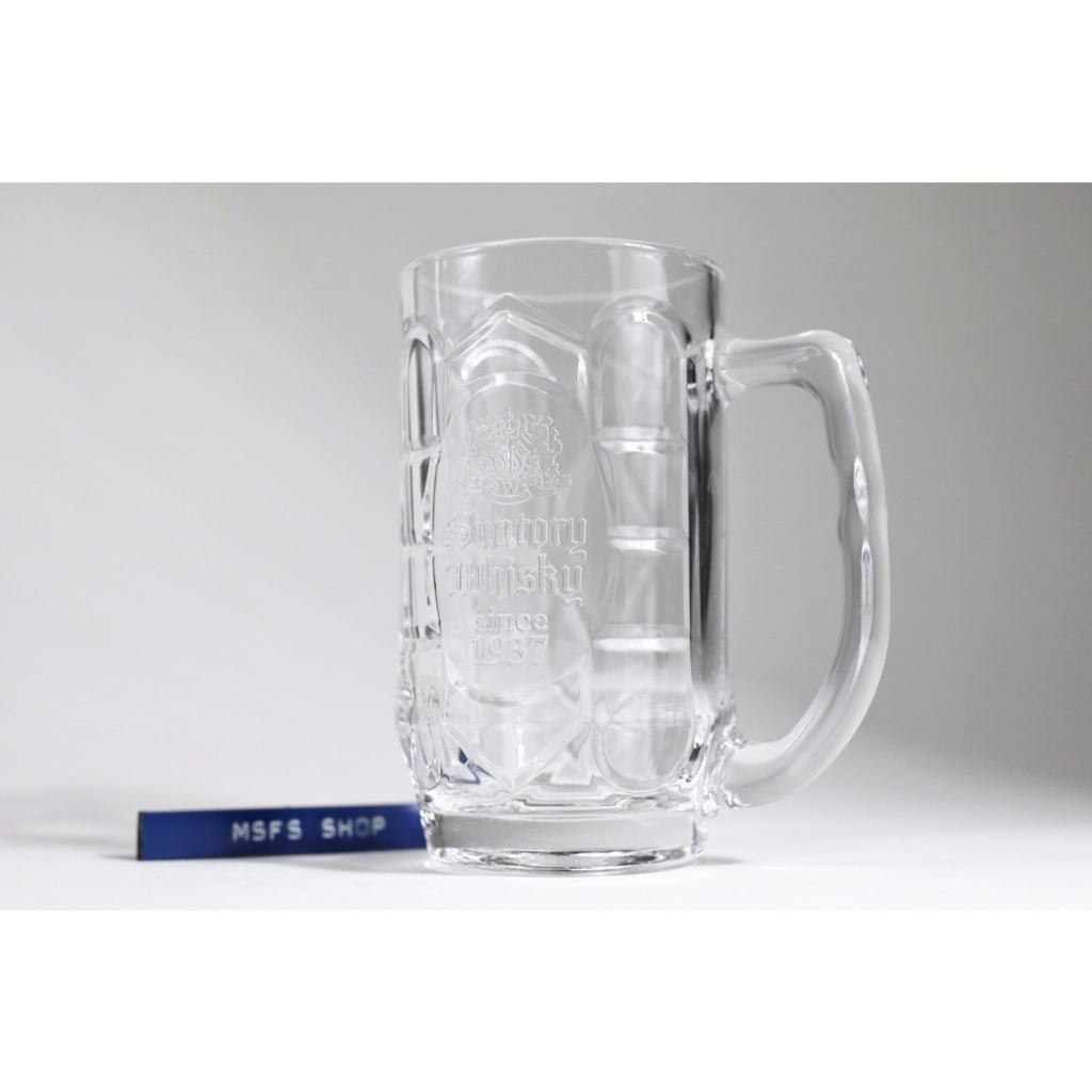 [Vintage] Suntory แก้วเครื่องดื่ม มีหูจับ ปั้มยี่ห้อ Suntory Whiskey แบบใส