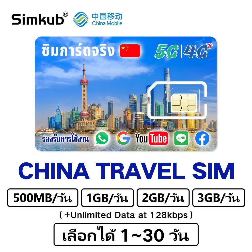 Mainland China SIM ซิมจีน ซิมท่องเที่ยวจีน 5G/4G อินเตอร์เน็ต 500MB-3GB/วัน เลือกได้1-30วัน เครือข่า