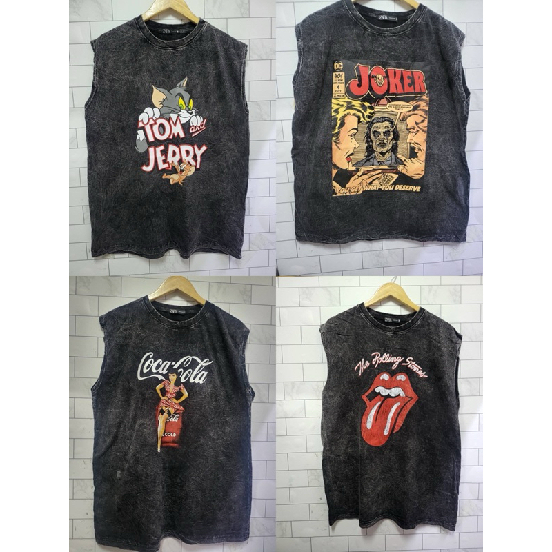 HMWE _SHOP เสื้อยิด แขนกุด งานผ้าฟอก ทรง Oversizeลายวง ลายวินเทจ ลายน่ารักผ้าดี ซักไม่ยืด Sise อก 44-46" ยาว 29"