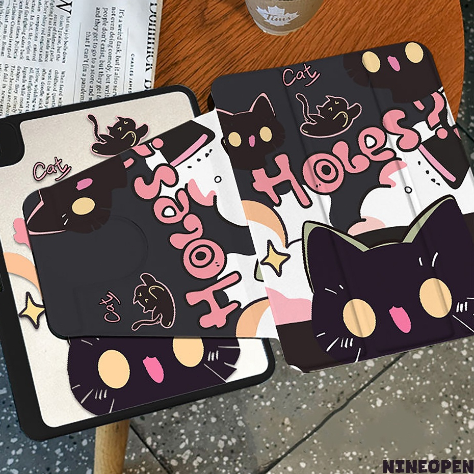 ⚡พร้อมส่ง⚡case iPad Air7 Air8 11 Gen12 Gen9 Air6 ที่ใส่ปากกา แมวดำดูเดิล เคสiPadหมุน 360°Gen11 Gen10