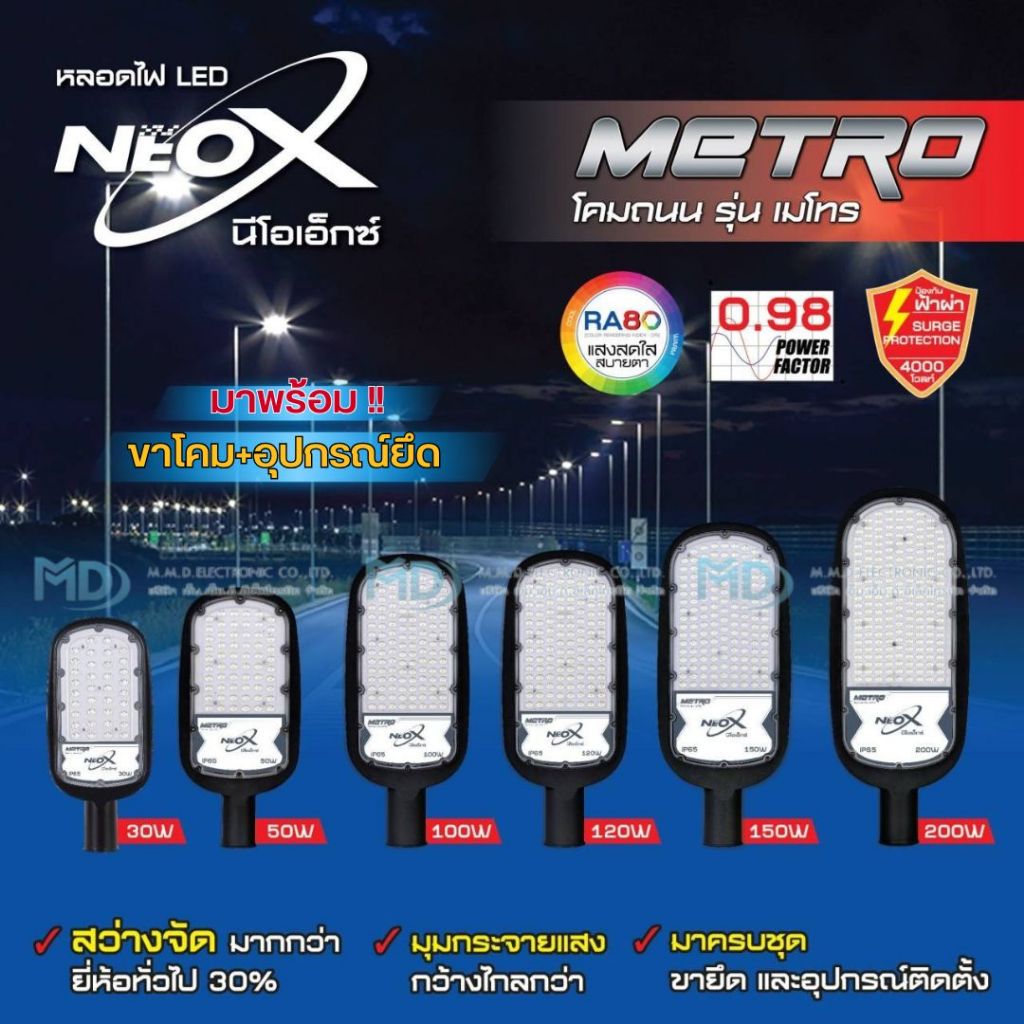 Neo-X โคมถนน LED รุ่น Metro เมโทร ขนาด 30W 50W 100W 120W 150W และ 200W  สว่างขึ้น 3 เท่า ของแท้