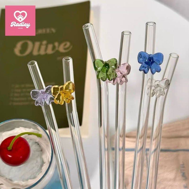 พร้อมส่งจากไทย💖หลอดแก้วประดับโบว์ หลอดผลไม้ หลอดลายผีเสื้อ ดอกไม้ หลอดดื่มแบบใช้ซ้ำได้ แปรงล้างหลอด รักษ์โลกแล้วก็น่ารัก