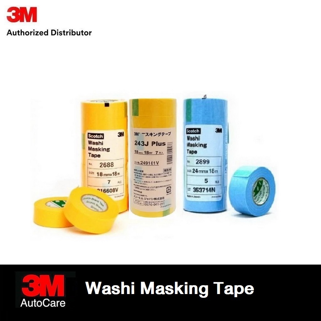 3M 2688 243J กระดาษกาววาชิ สีเหลือง 2899 สีฟ้า ขนาดหน้ากว้าง 18มม, 24มม Automotive Masking Washi Tap