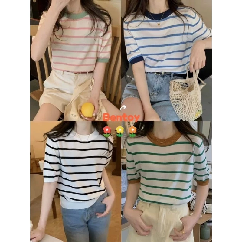 Bentoy(9513)เสื้อยืดไหมพรม แขนสั้น คอกลม สไตล์ เกาหลี ลุคคุณหนู สุดน่ารัก