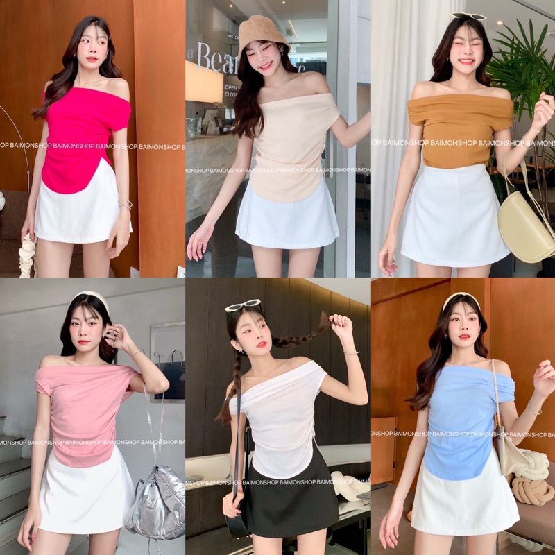 OVP เสื้อเกาะอก ผ้ายืด แต่งย่นด้านข้าง เสื้อแฟชั่น
