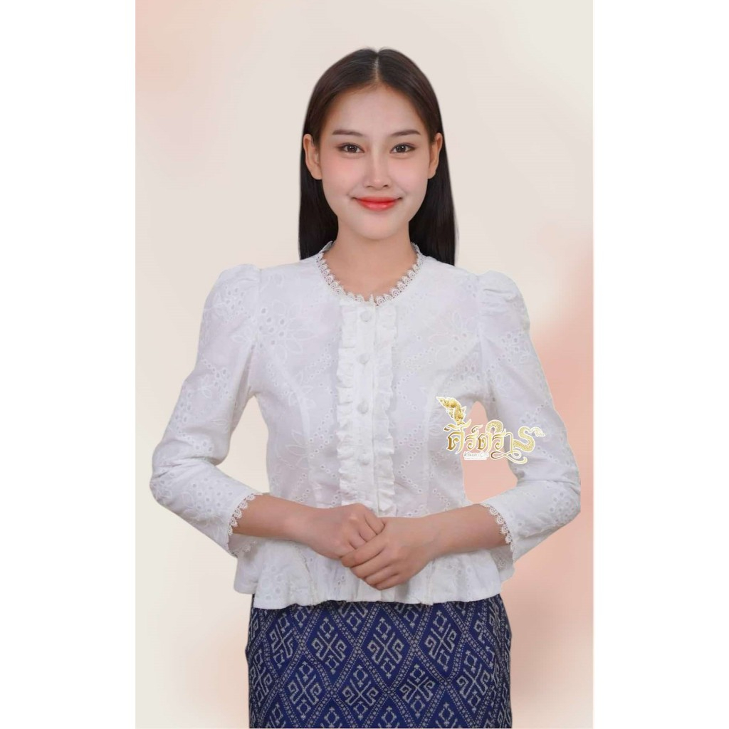 เสื้อคอตตอนฉุลายแต่งขอบลูกไม้วิราพร (ต03)