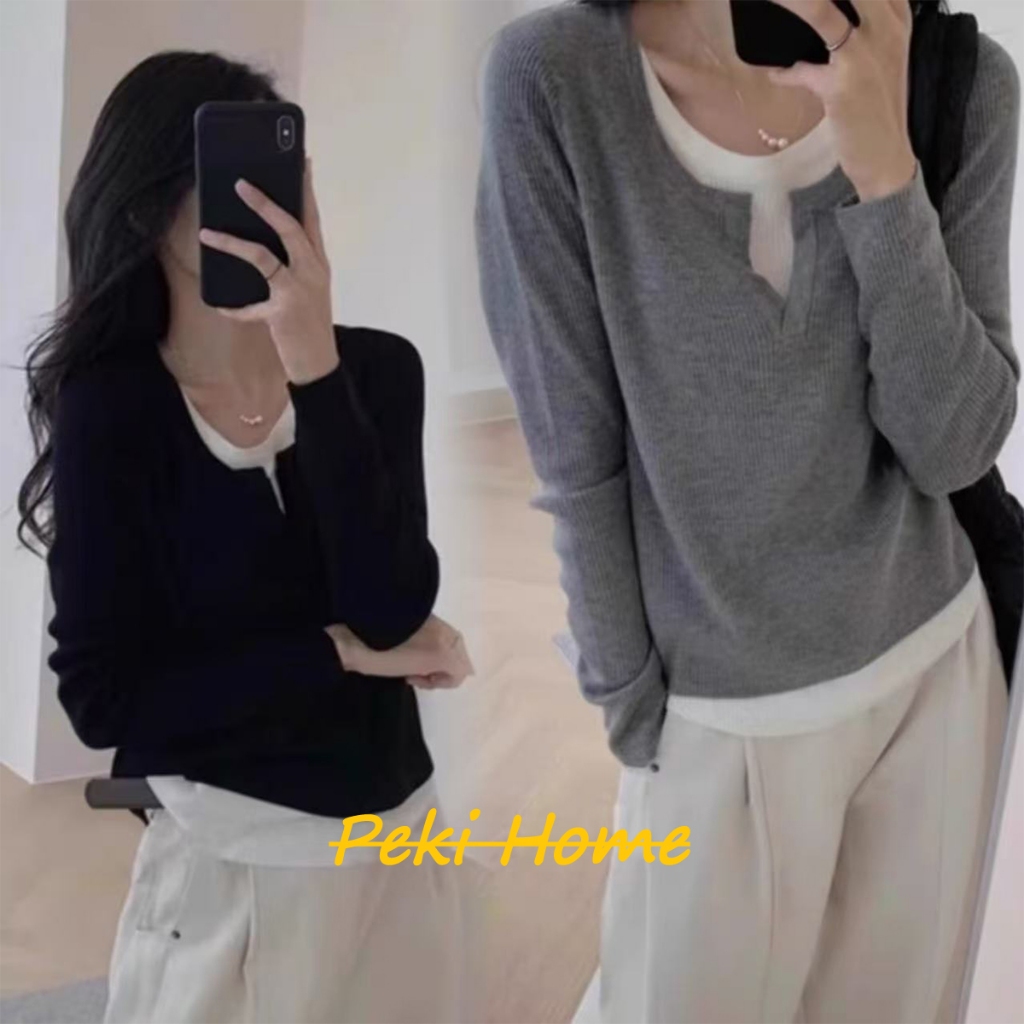 เสื้อแขนยาวสไตล์ฝรั่งเศส ดีไซน์จับคู่สี ดูดีมีสไตล์