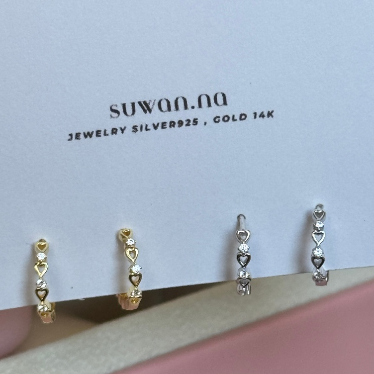 Suwann.na [ราคาต่อคู่] ต่างหูห่วง ต่างหูเงินแท้ ห่วงหัวใจเพชร