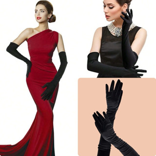 ถุงมือยาวสีดำสำหรับงานปาร์ตี้ ถุงมือสำหรับฤดูหนาว หรูหรา