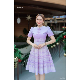 KS731 ชุดเดรสผ้าทอคอจีน แต่งโบว์หน้า กระโปรง8ชิ้น สวยมากๆค่ะ งานอัดกาว ทั้งชุด ทุกชิ้น ซิปซ่อนด้านหลัง (S-5XL)
