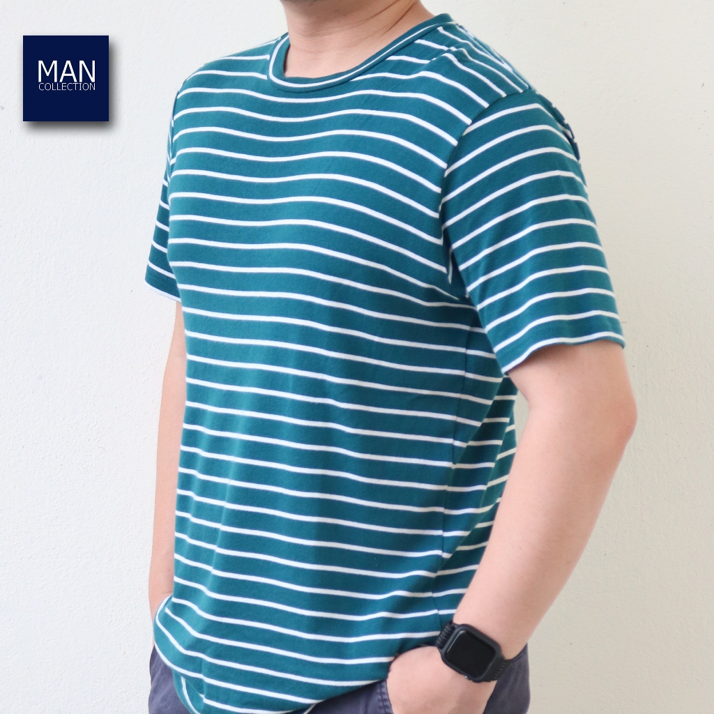 มาใหม่!! เสื้อยืดคอกลม ลายขวางสีเขียว ผ้าฝ้าย Super Soft Cotton 100%