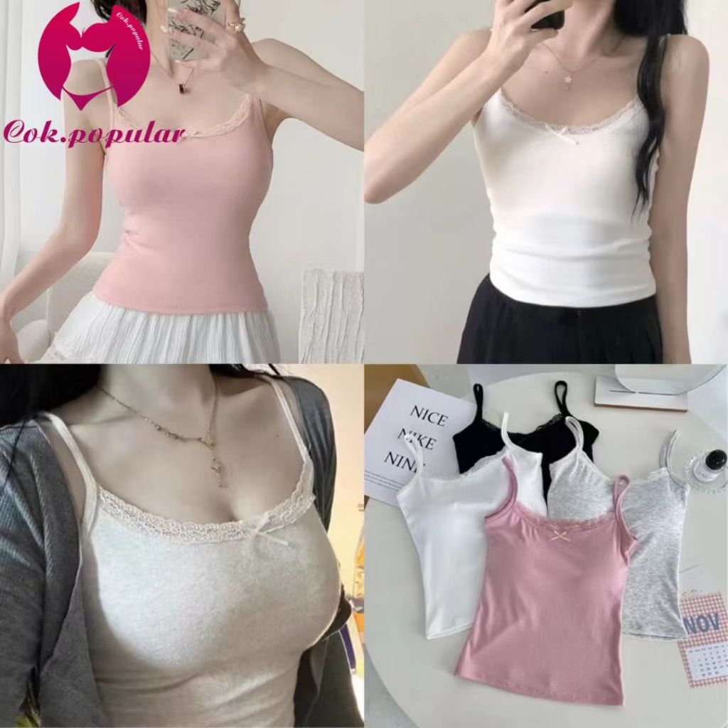 YY59 มาใหม่ เสื้อสายเดี่ยว ดีเทลโบว์ตรงกลาง มีฟองน้ำในตัว มินิมอลสไตล์เวียดนาม เกาหลีมาก แต่งตัวง่าย น่ารักก