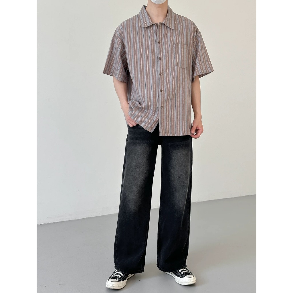 CLIFF เสื้อเชิ้ตผู้ชาย แขนสั้นลายทาง แมทช์ลุคง่าย แบบหลวม แฟชั่น