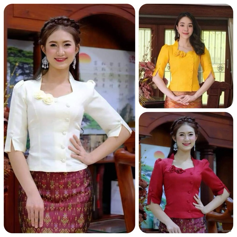 เสื้อไหมลาว ทรงคอนางพญา แขน 5 ส่วน กระดุมหน้า อัดกาวทั้งตัว ใส่สบาย