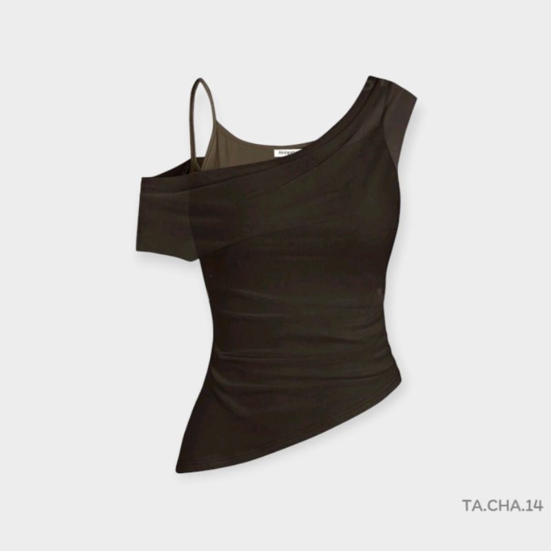 เสื้อยืดปาดไหล่​ สายเดี่ยว​ แต่งผ้าซีทรู​ สีน้ำตาล​ I​ พรี​ออเดอร์​