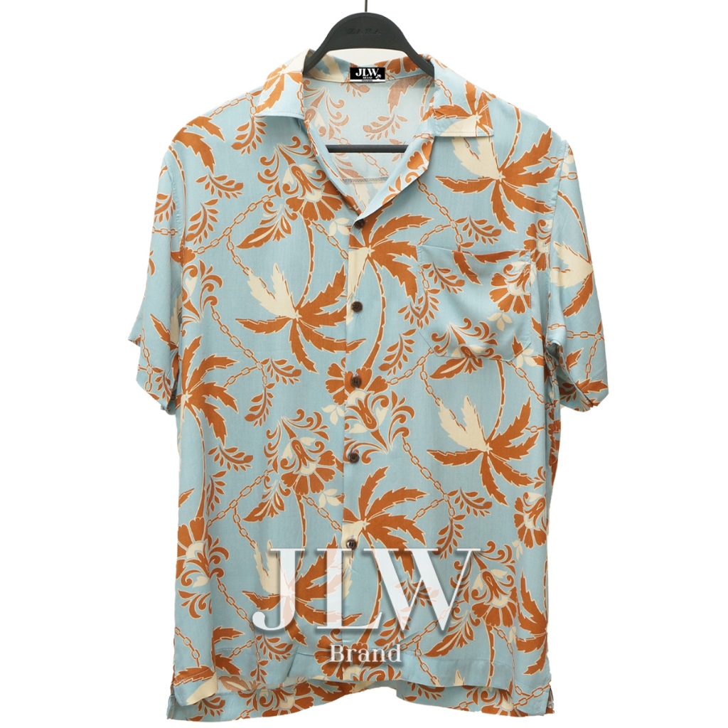 เสื้อฮาวาย ลายโซ่มะพร้าว ฟ้า ผ้านิ่ม M L XL Oversize คอฮาวาย JLW BRAND