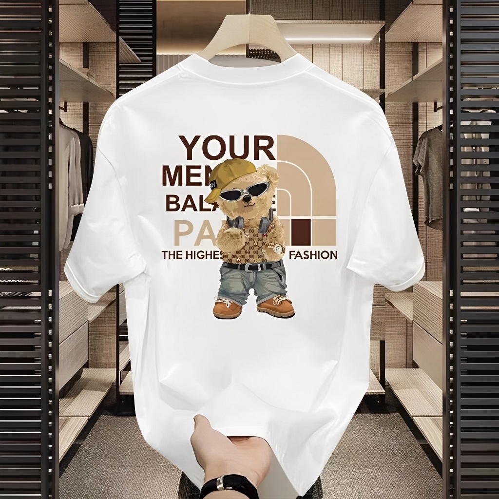 เสื้อยืด Ovesize เสื้อยืดผู้ชาย 100% ผ้าฝ้าย แบบหลวมช่วยให้ดูเพรียว เสื้อยืดผู้ชายสีขาว