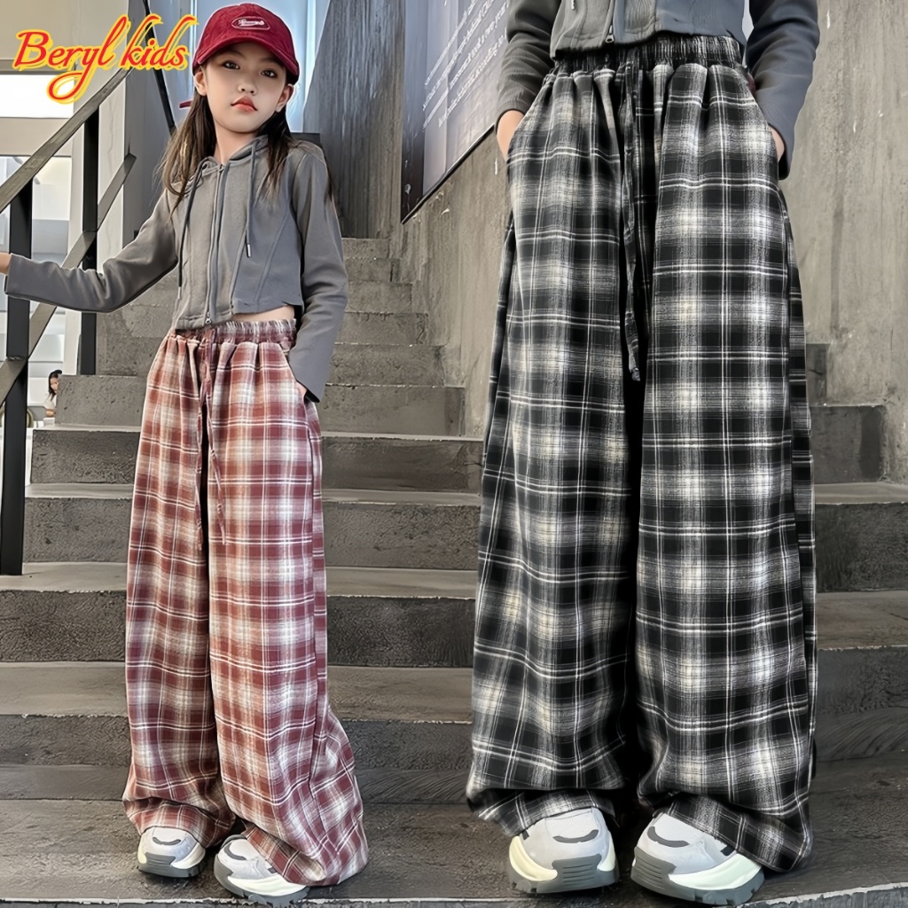 Beryl kids กางเกงเด็กแฟชั่น กางเกงลายสก็อตสไตล์เกาหลี กางเกงลำลอง ทรงหลวมใส่สบาย กางเกงขากว้างสำหรับเด็กผู้หญิง