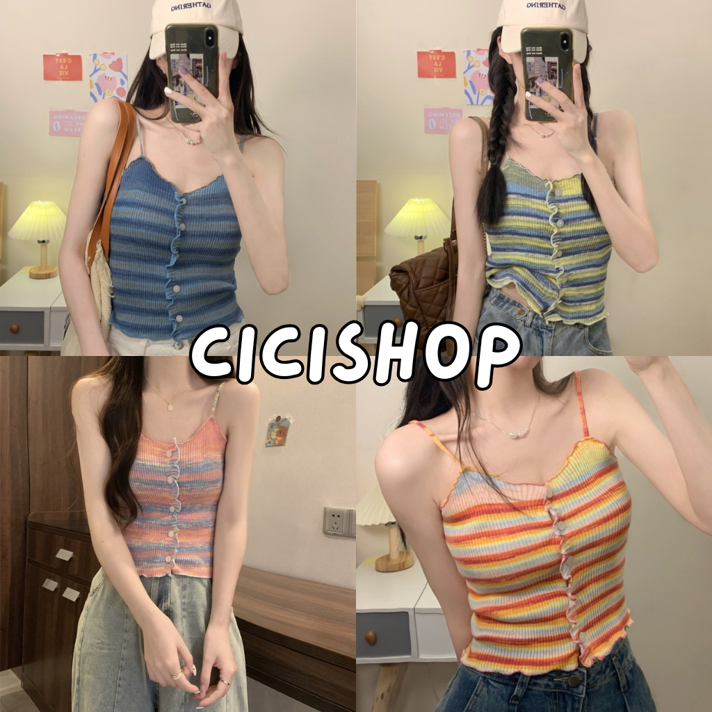 Cicishop(68007)สายเดี่ยวมินิมอล ลายทางสีพาสเทลน่ารัก  แต่งดีเทลกระดุมหน้า