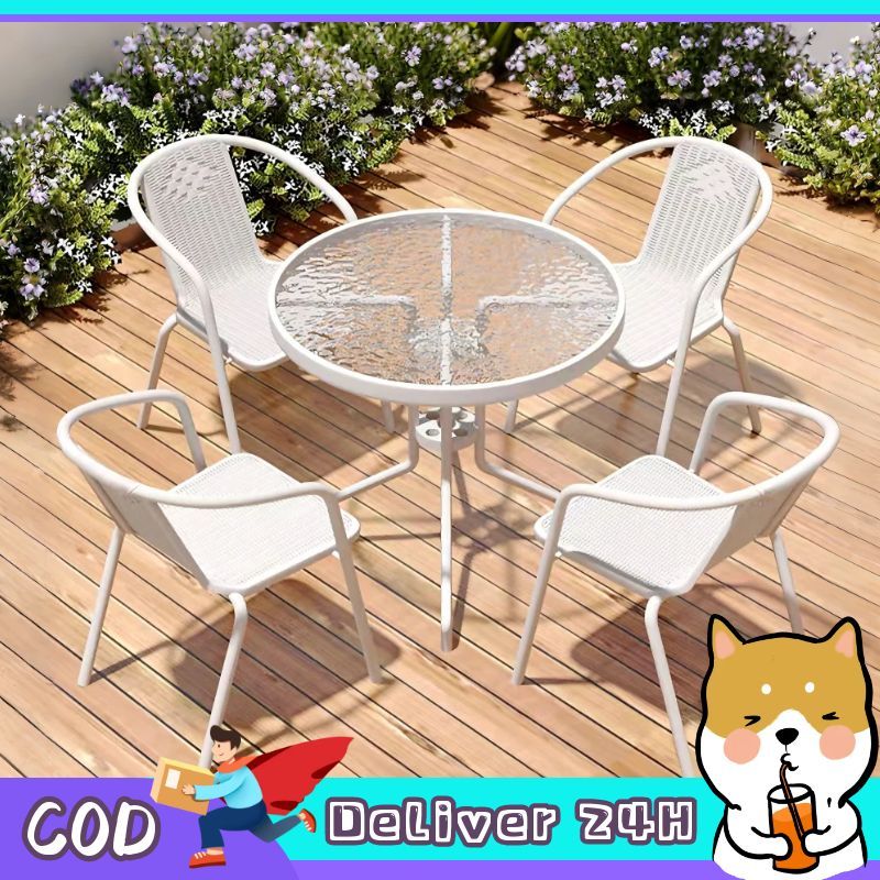 Dogegg มีพร้อมส่ง ชุดโต๊ะเก้าอี้หวายเทียม ท็อปโต๊ะกระจก เฟอร์นิเจอร์กลางแจ้ง – โปรปัง