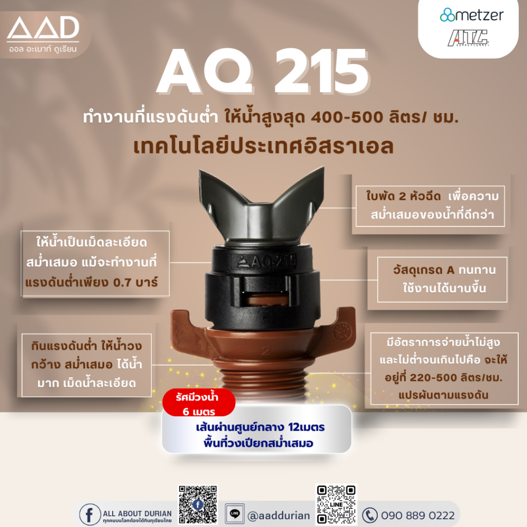หัวสปริงเกอร์ รุ่น Aq 215 ขนาด 4 หนุ (100ชุด ) อัตราการจ่ายน้ำ 500 ลิตรต่อชั่วโมง รัศมีวงน้ำ 5.8 เมต