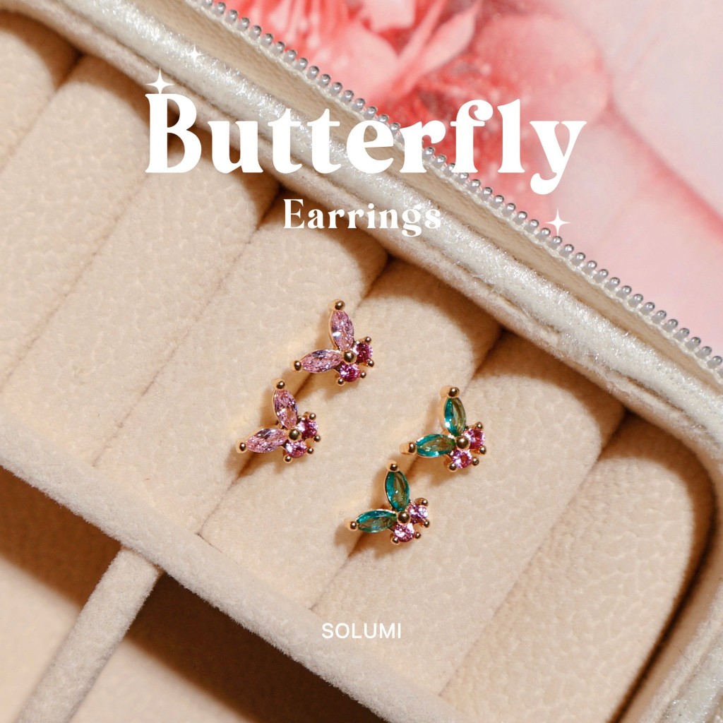 ต่างหูผีเสื้อ ประดับเพชรสี 🦋SOLUMI Butterfly earrings ต่างหู Nickel free