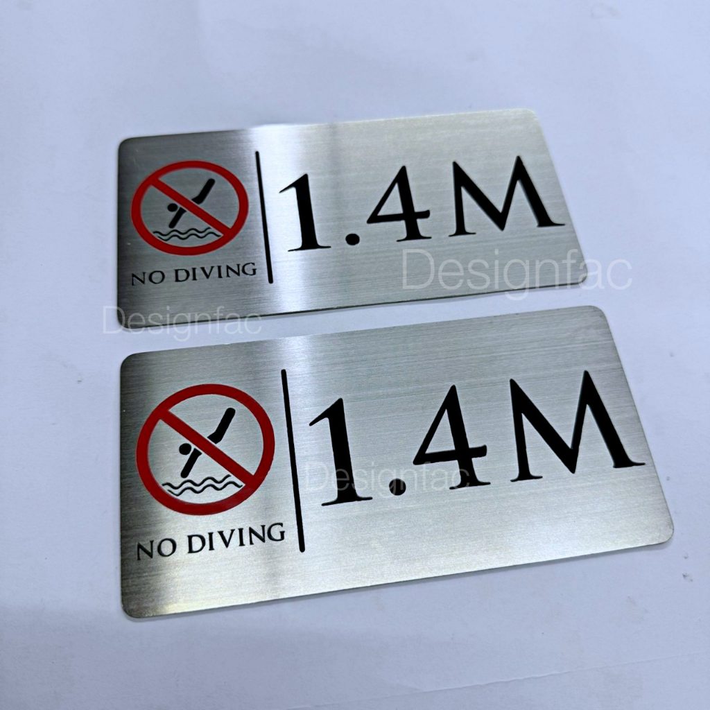ป้ายบอกความลึกสระว่ายนำ้ ป้ายห้ามกระโดด 10x20cm ป้ายสระ ป้ายสแตนเลสกัดกรด โมเดิร์นมินิมอล,Designfac