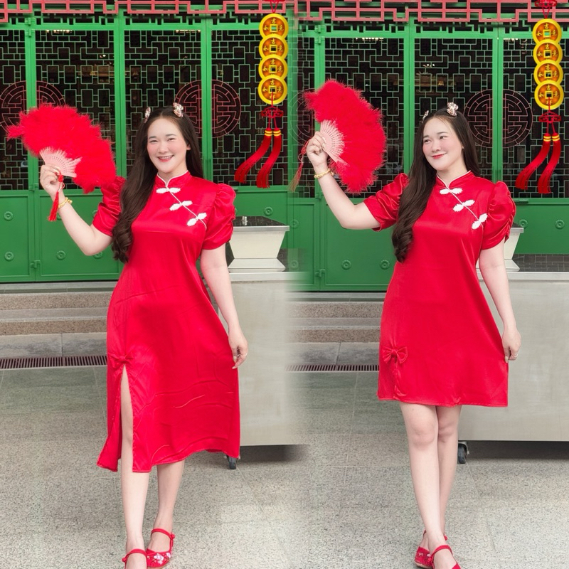 Dress เรียบหรูตรุษจีนผ้าเงาผ่าข้างติดชายโบว์ ( aoy - 02 )
