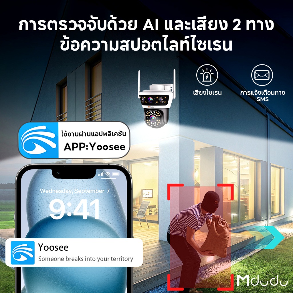 Mdudu กล้องวงจรปิดไร้สาย WIFI กล้อง3เลนส์ 4K 3หน้าจอ Color Full HD15MP ตรวจจับมนุษย์