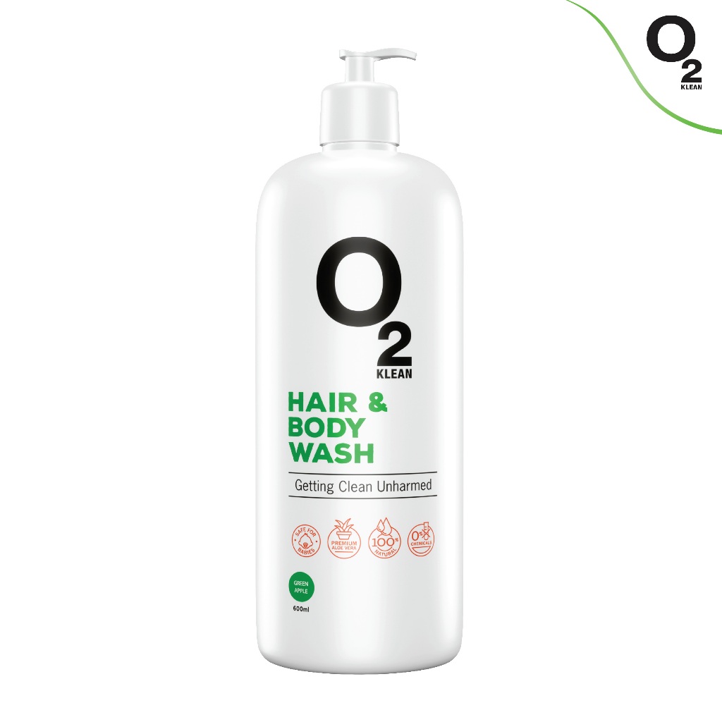 O2 Klean Hair & Body Wash Apple สบู่เหลวและแชมพูในขวดเดียว  ผลิตจากสารสกัดธรรมชาติ 600ml.