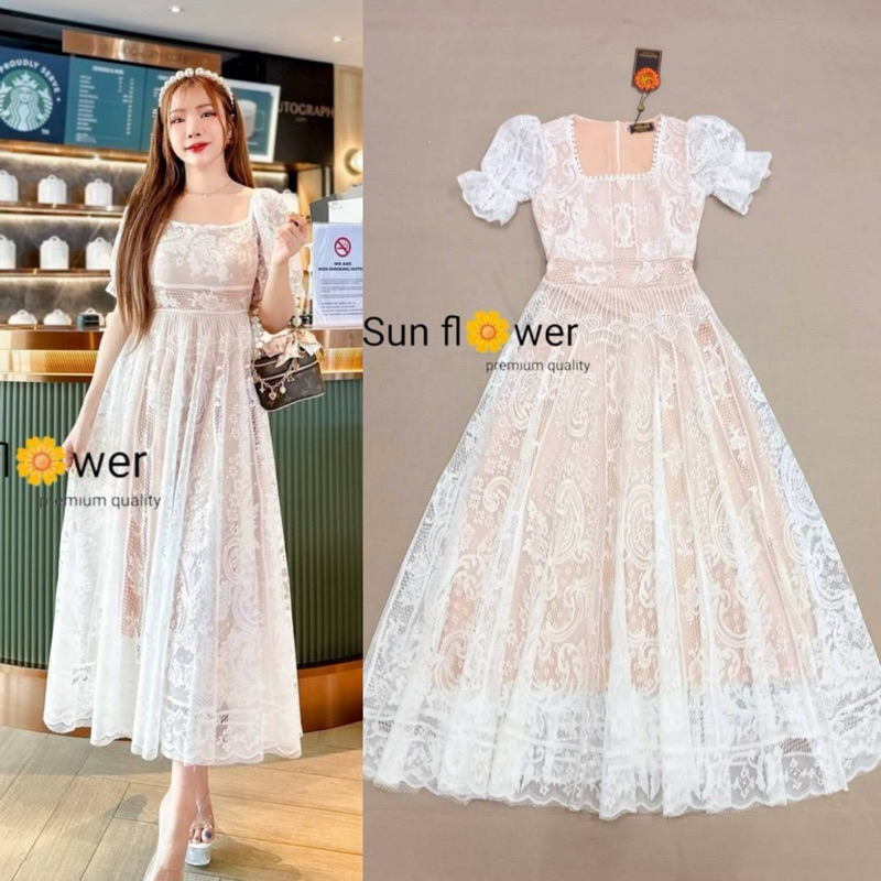 (s,m,xl,2xl,3xl) เดรสยาว เดรสลูกไม้ สีขาว งานป้าย sun flower