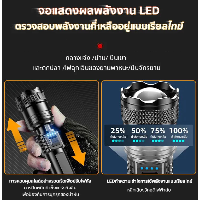 ไฟฉาย LED แรงสูง แบบชาร์จไฟได้ กันน้ำ ปรับซูมได้ thumbnail 5