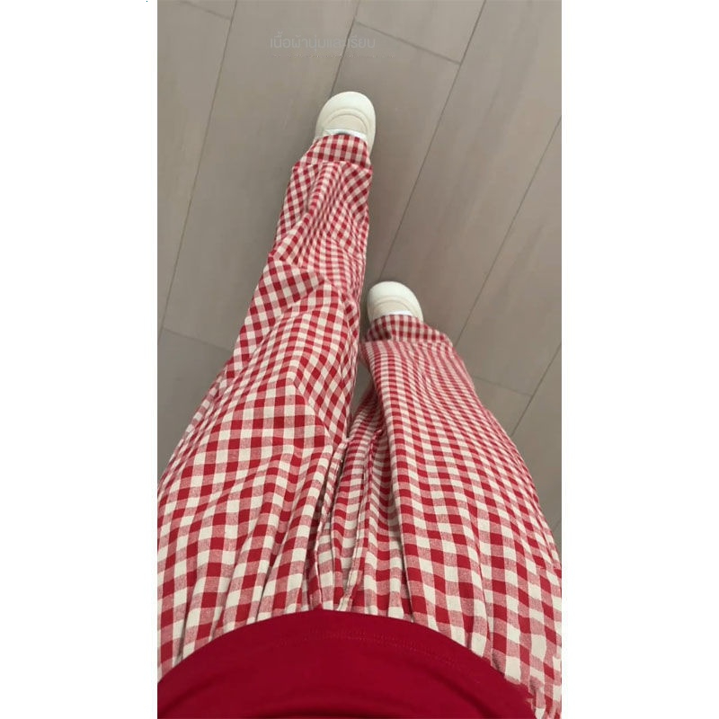 2024 ผ้าม่านเอวสูงใหม่, หลวมและผอม, บุคลิกลําลองและขี้เกียจ, กางเกงลายสก๊อตย้อนยุคสีแดงขากว้างตรงสําหรับผู้หญิง - รูปที่ 2