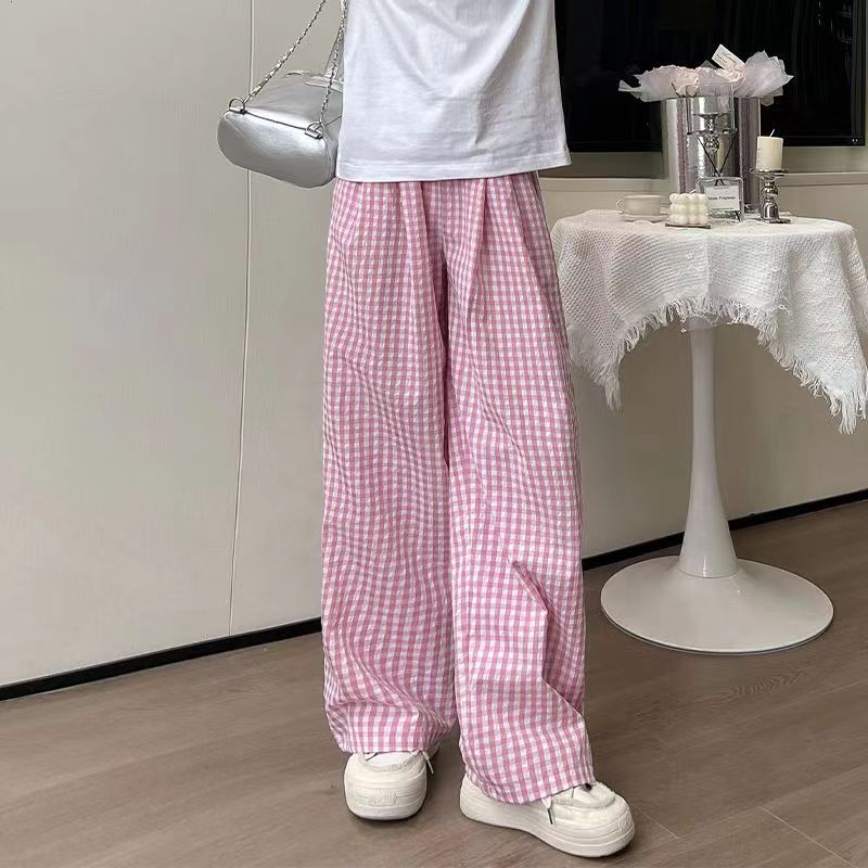 2024 ผ้าม่านเอวสูงใหม่, หลวมและผอม, บุคลิกลําลองและขี้เกียจ, กางเกงลายสก๊อตย้อนยุคสีแดงขากว้างตรงสําหรับผู้หญิง - รูปที่ 6