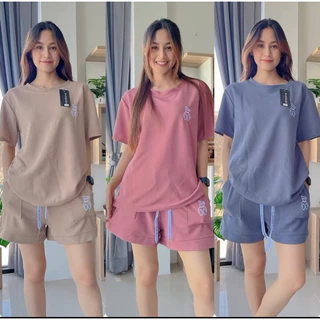 รหัส T-X4P ชุดเซ็ต2ชิ้น เสื้อ+กางเกงขาสั้น ผ้าวาฟเฟิล ปักหมี ใส่สบาย