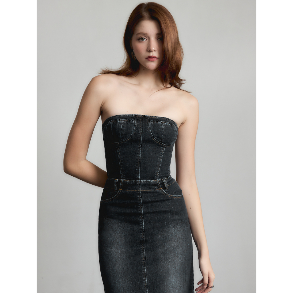 MOTTOM - VIOLET Strapless Black Denim Dress