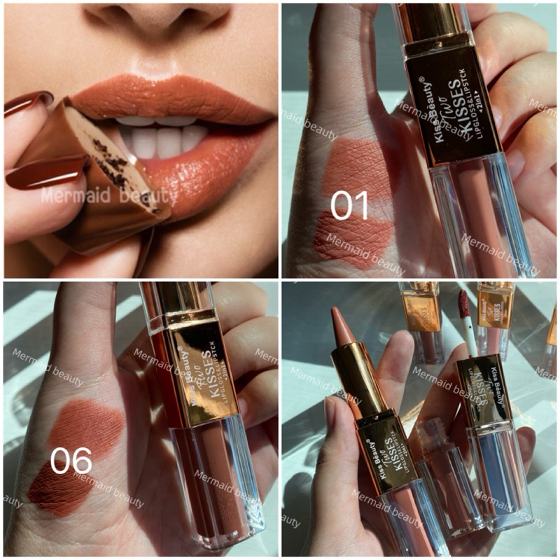 🔴ของแท้✨ลิปสายฝอ 2in1 ปากฉ่ำ โทนน้ำตาล เนื้อแมทต์ ครีมมี่ ลิป2หัว lip kiss beauty 3.6G
