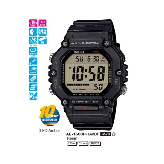 Casio นาฬิกาข้อมือผู้ชาย รุ่น AE-1600H-1AVDF Sporty Men's Watch Quartz