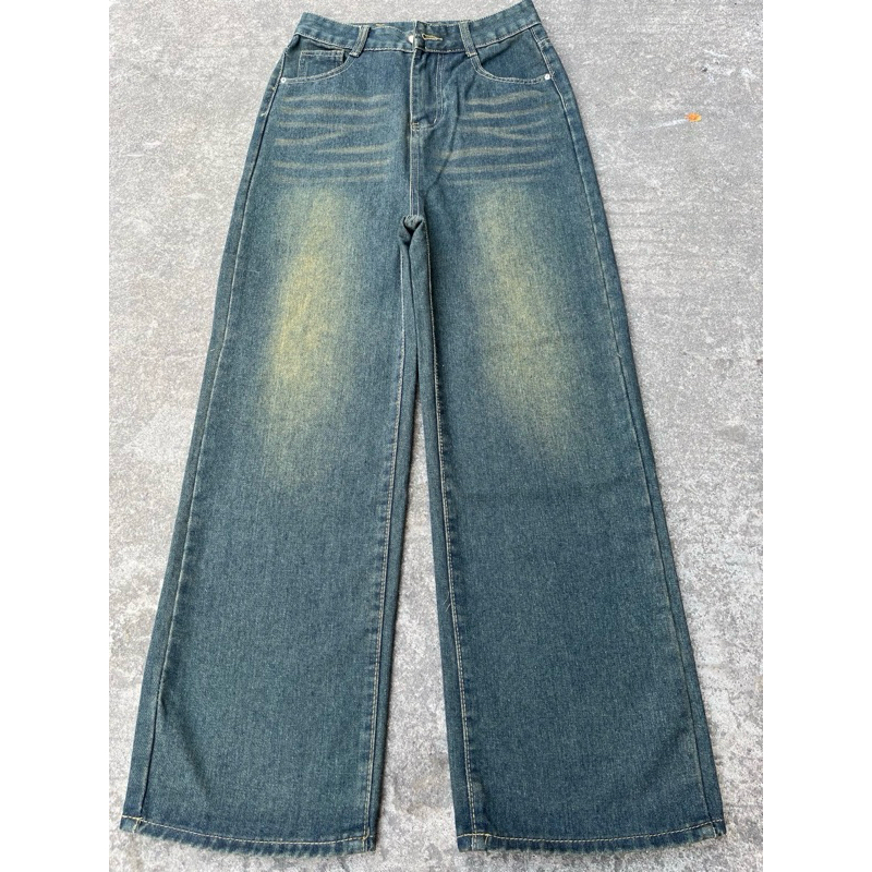 กางเกงยีนส์ทรงกระบอก สีสนิมเข้มแต่งเฟดขา ทรงสวยผ้าไม่ยืด ป้ายVintage #8553