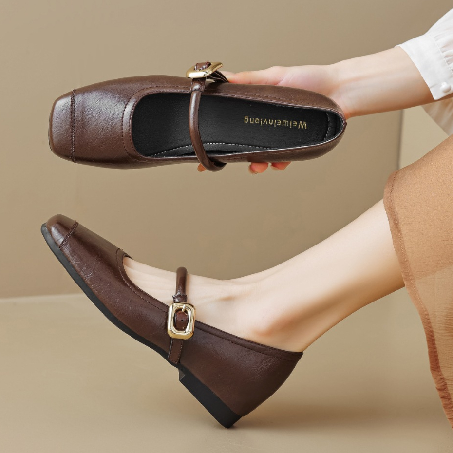 รองเท้าแมรี่เจนมีสไตล์ รองเท้าหนังผู้หญิง สีทึบ สไตล์ย้อนยุคฝรั่งเศส สวมใส่สบาย