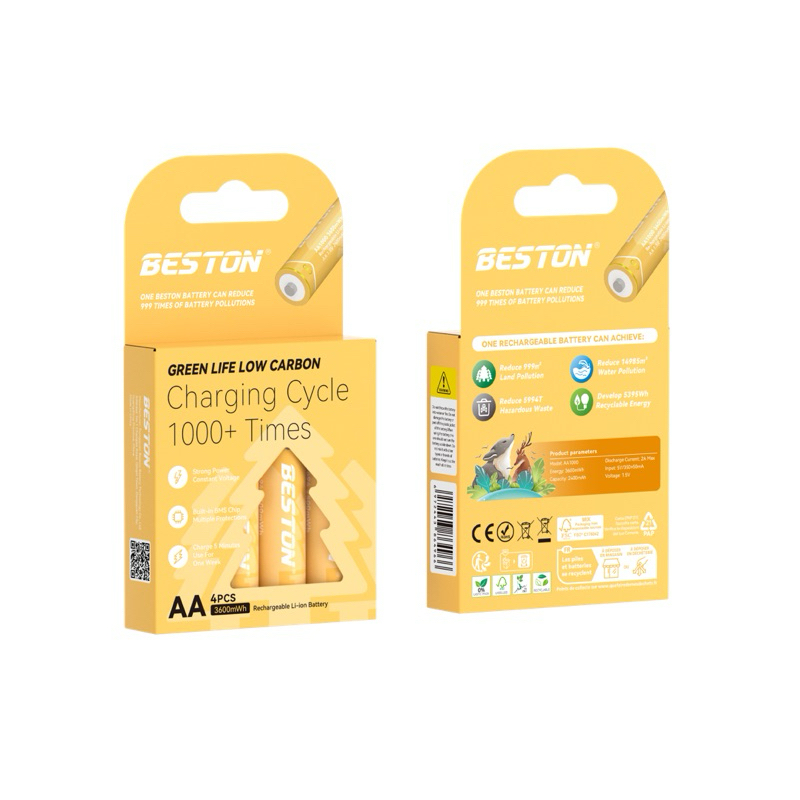 ถ่านชาร์จ AA Beston 1.5V Li-ion  3600mWh แบตเตอรี่ลิเธียมแบบชาร์จไฟได้ จำนวน 4 ก้อน